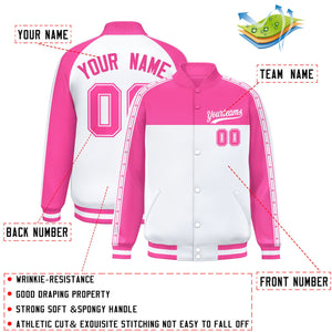 Custom Pink White K-Ribbon Raglan Sleeves Varsity Full-Snap Color Block Letterman Jacket