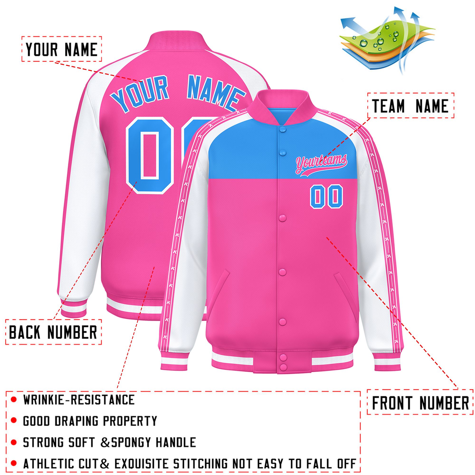 Custom Powder Blue Pink K-Ribbon Raglan Sleeves Varsity Full-Snap Color Block Letterman Jacket