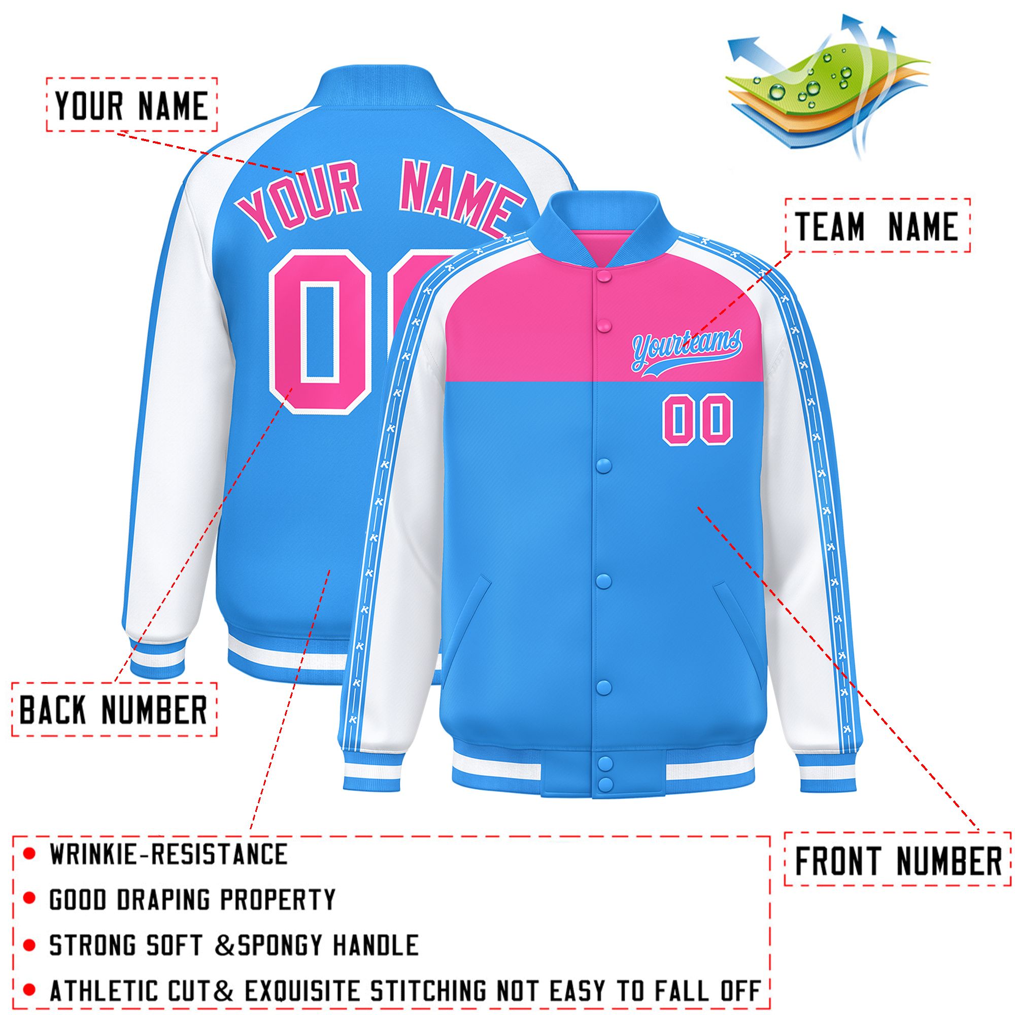 Custom Pink Powder Blue K-Ribbon Raglan Sleeves Varsity Full-Snap Color Block Letterman Jacket