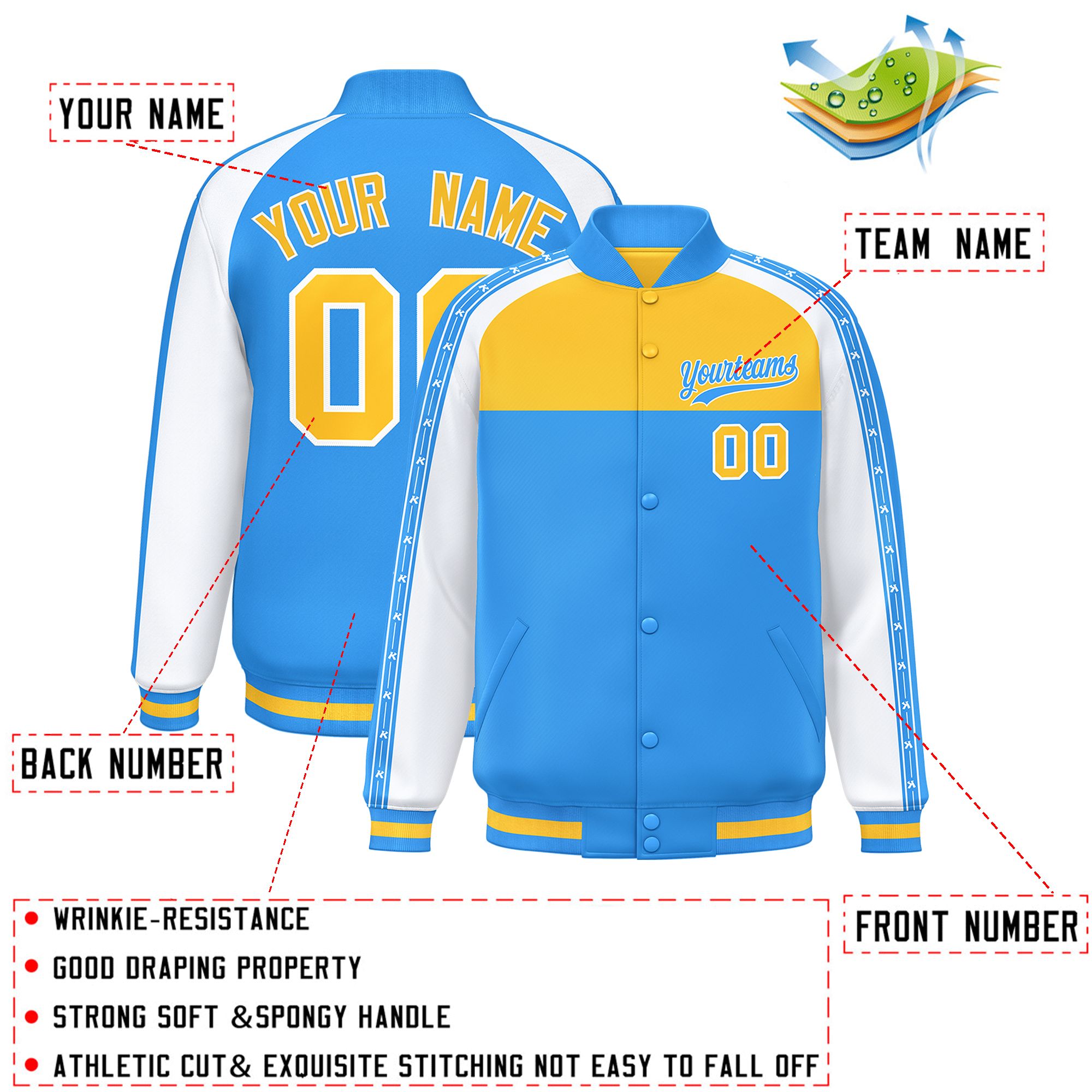 Custom Gold Powder Blue K-Ribbon Raglan Sleeves Varsity Full-Snap Color Block Letterman Jacket