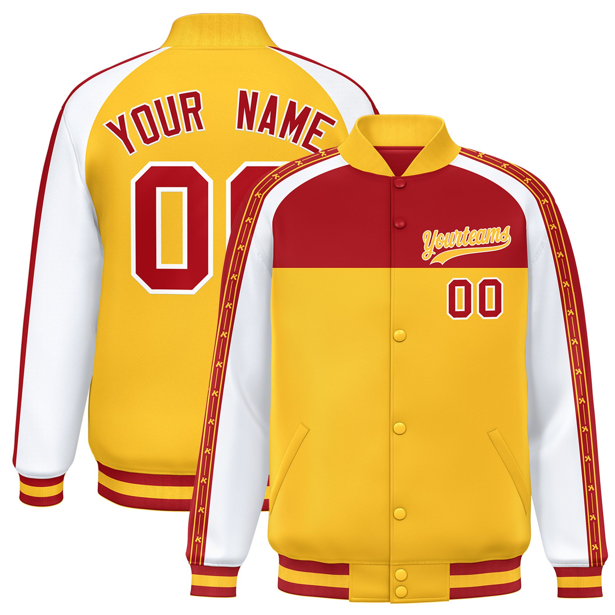 Custom Red Gold K-Ribbon Raglan Sleeves Varsity Full-Snap Color Block Letterman Jacket