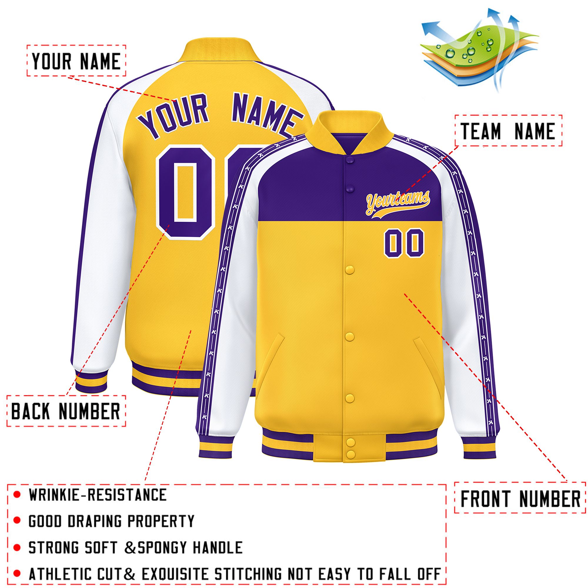 Custom Purple Gold K-Ribbon Raglan Sleeves Varsity Full-Snap Color Block Letterman Jacket