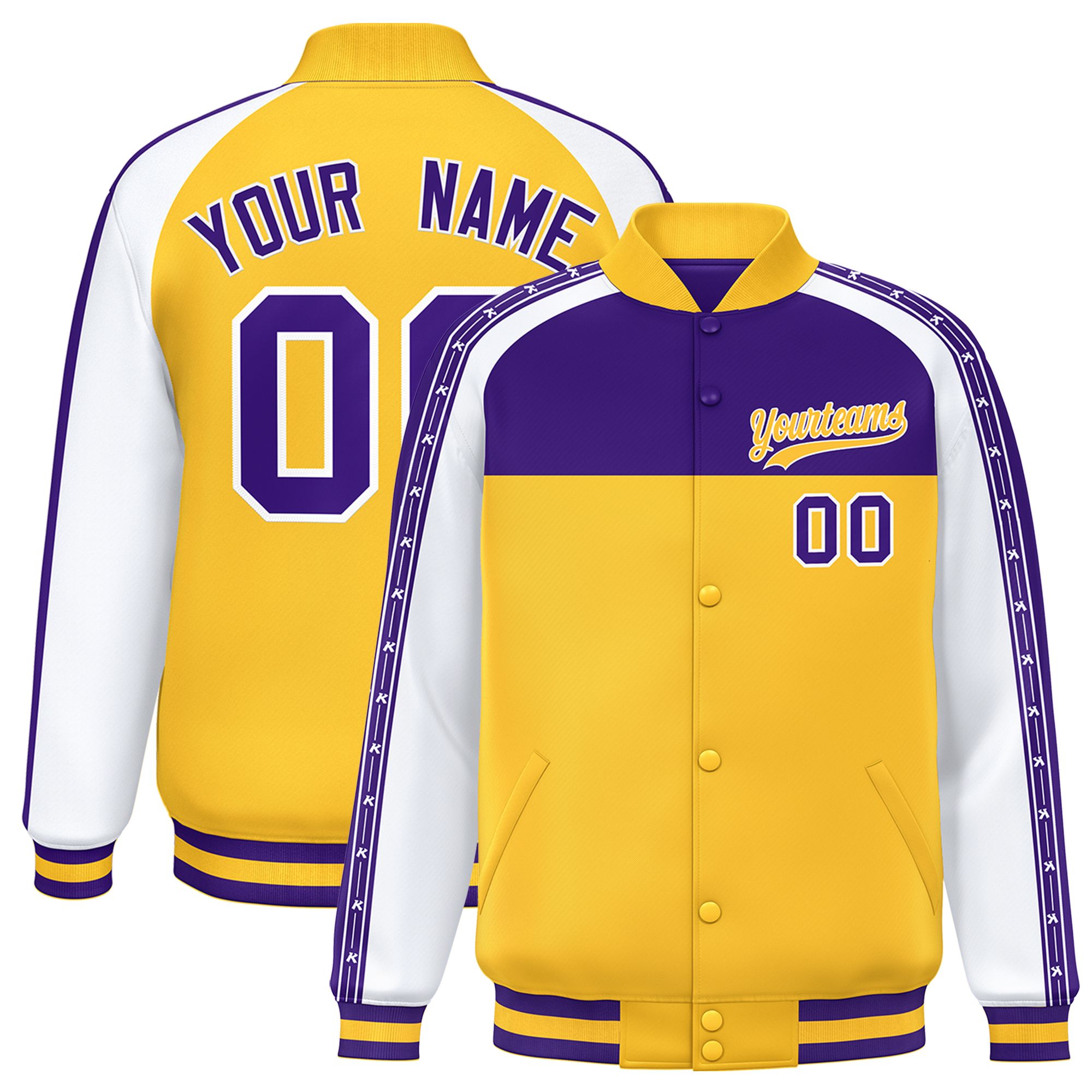 Custom Purple Gold K-Ribbon Raglan Sleeves Varsity Full-Snap Color Block Letterman Jacket