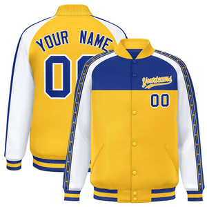 Custom Royal Gold K-Ribbon Raglan Sleeves Varsity Full-Snap Color Block Letterman Jacket