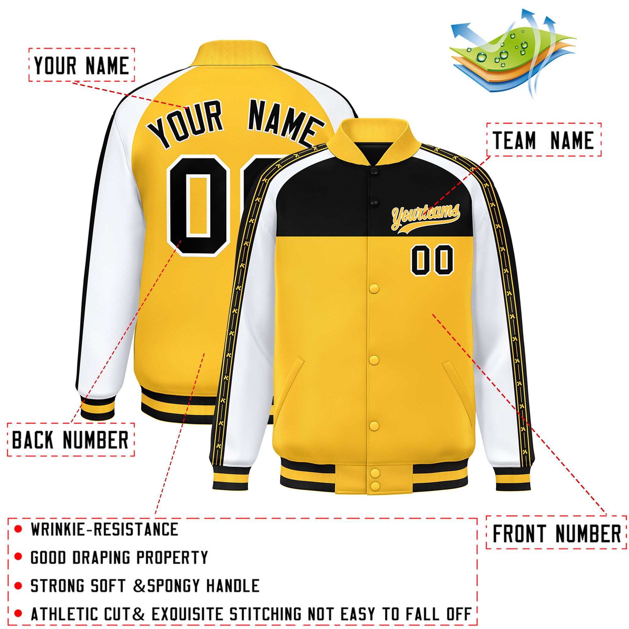 Custom Black Gold K-Ribbon Raglan Sleeves Varsity Full-Snap Color Block Letterman Jacket