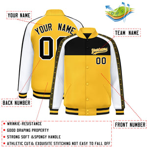 Custom Black Gold K-Ribbon Raglan Sleeves Varsity Full-Snap Color Block Letterman Jacket