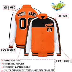 Custom Black Orange K-Ribbon Raglan Sleeves Varsity Full-Snap Color Block Letterman Jacket