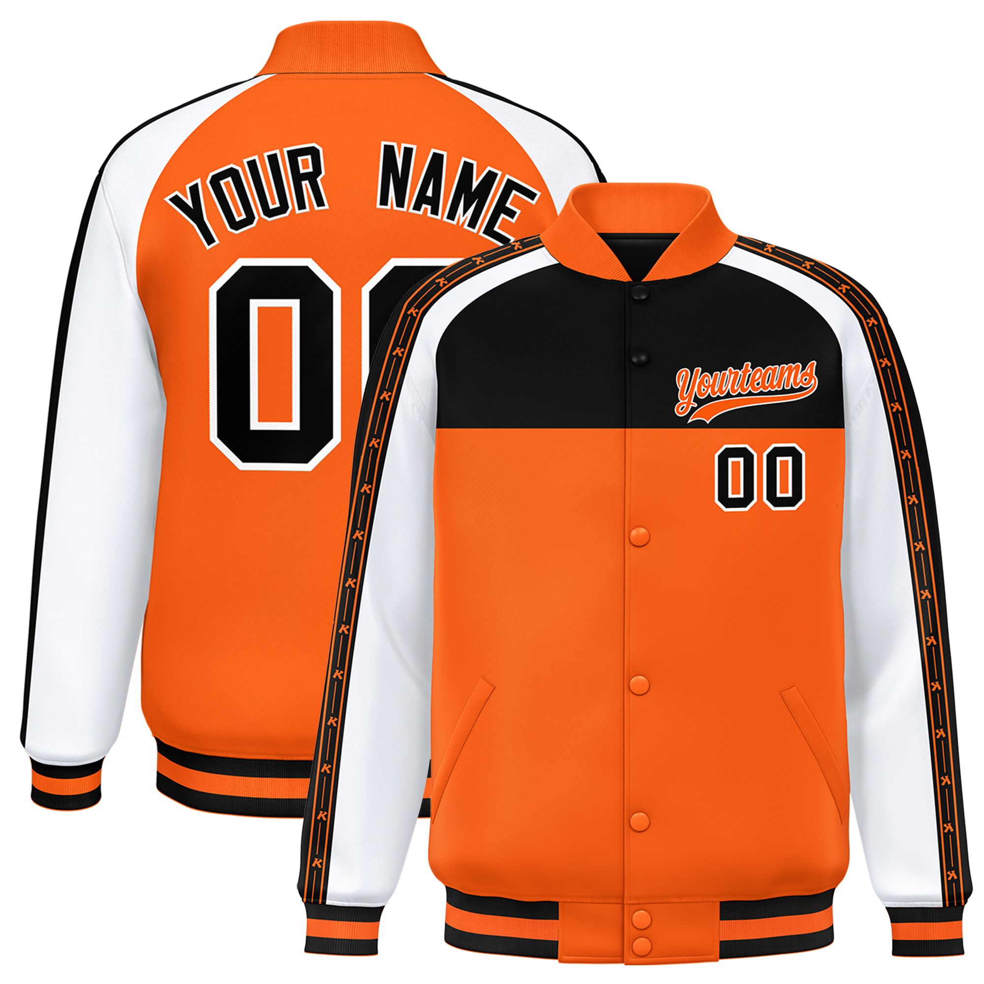 Custom Black Orange K-Ribbon Raglan Sleeves Varsity Full-Snap Color Block Letterman Jacket