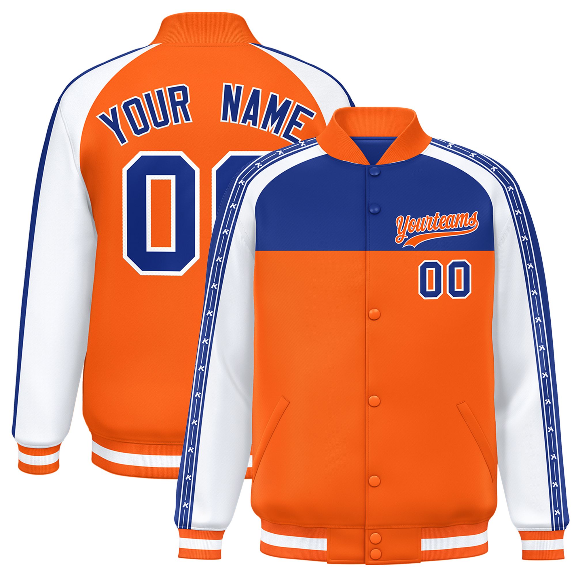 Custom Royal Orange K-Ribbon Raglan Sleeves Varsity Full-Snap Color Block Letterman Jacket