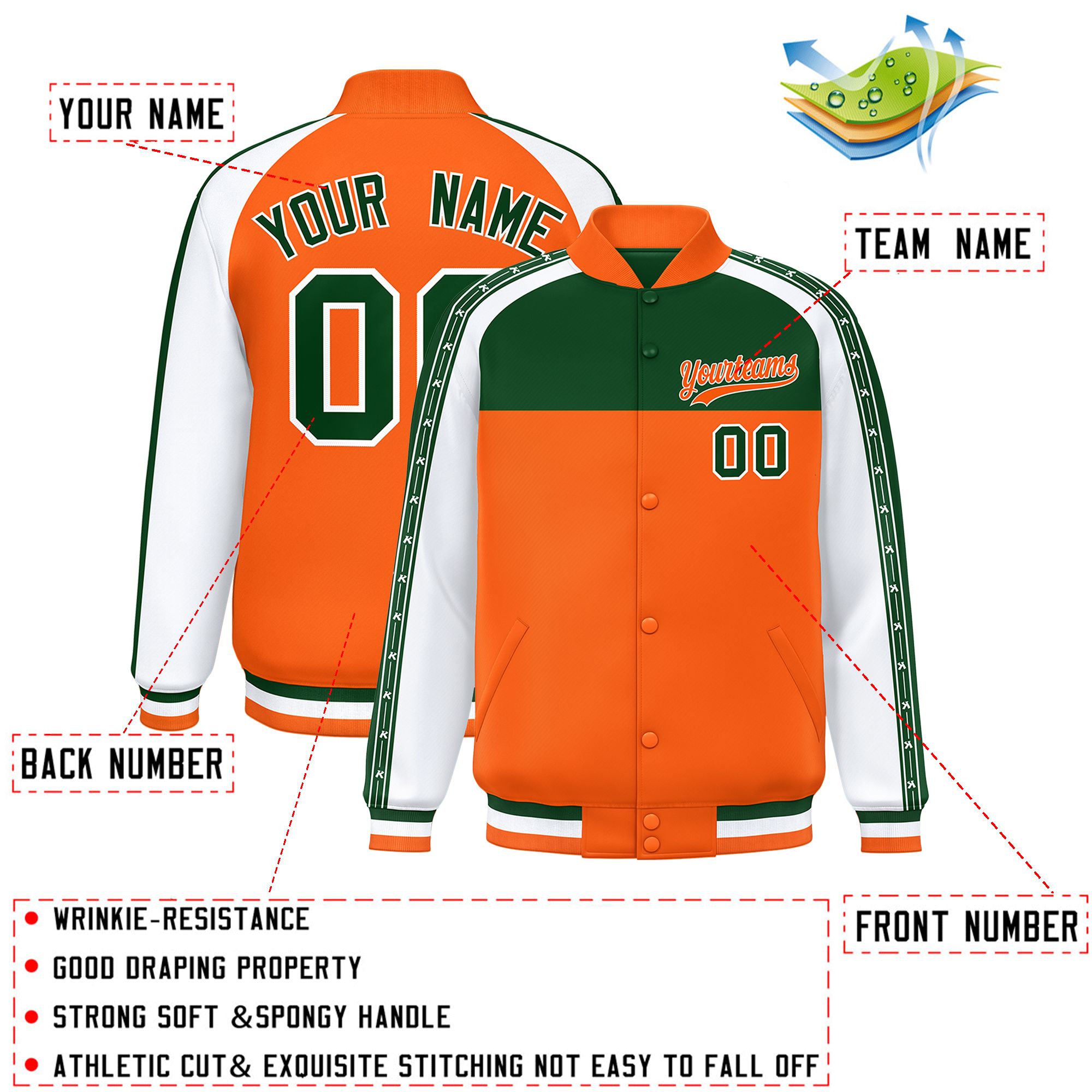 Custom Green Orange K-Ribbon Raglan Sleeves Varsity Full-Snap Color Block Letterman Jacket