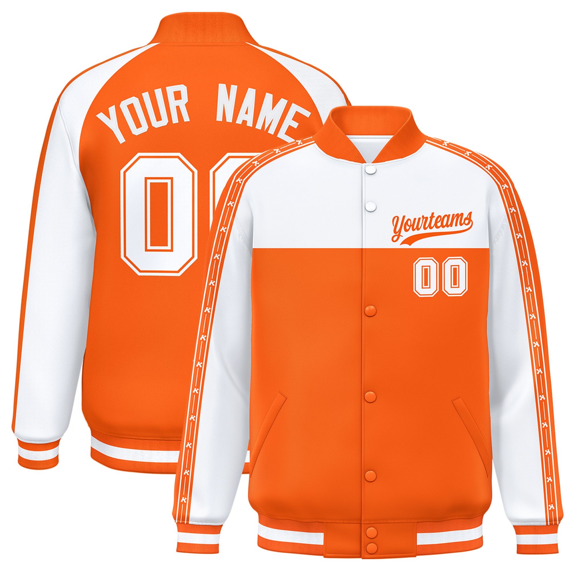 Custom White Orange K-Ribbon Raglan Sleeves Varsity Full-Snap Color Block Letterman Jacket