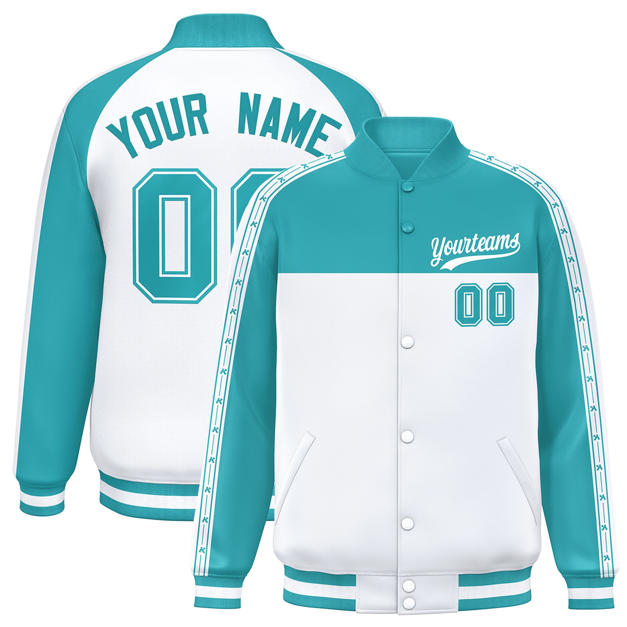 Custom Aqua White K-Ribbon Raglan Sleeves Varsity Full-Snap Color Block Letterman Jacket