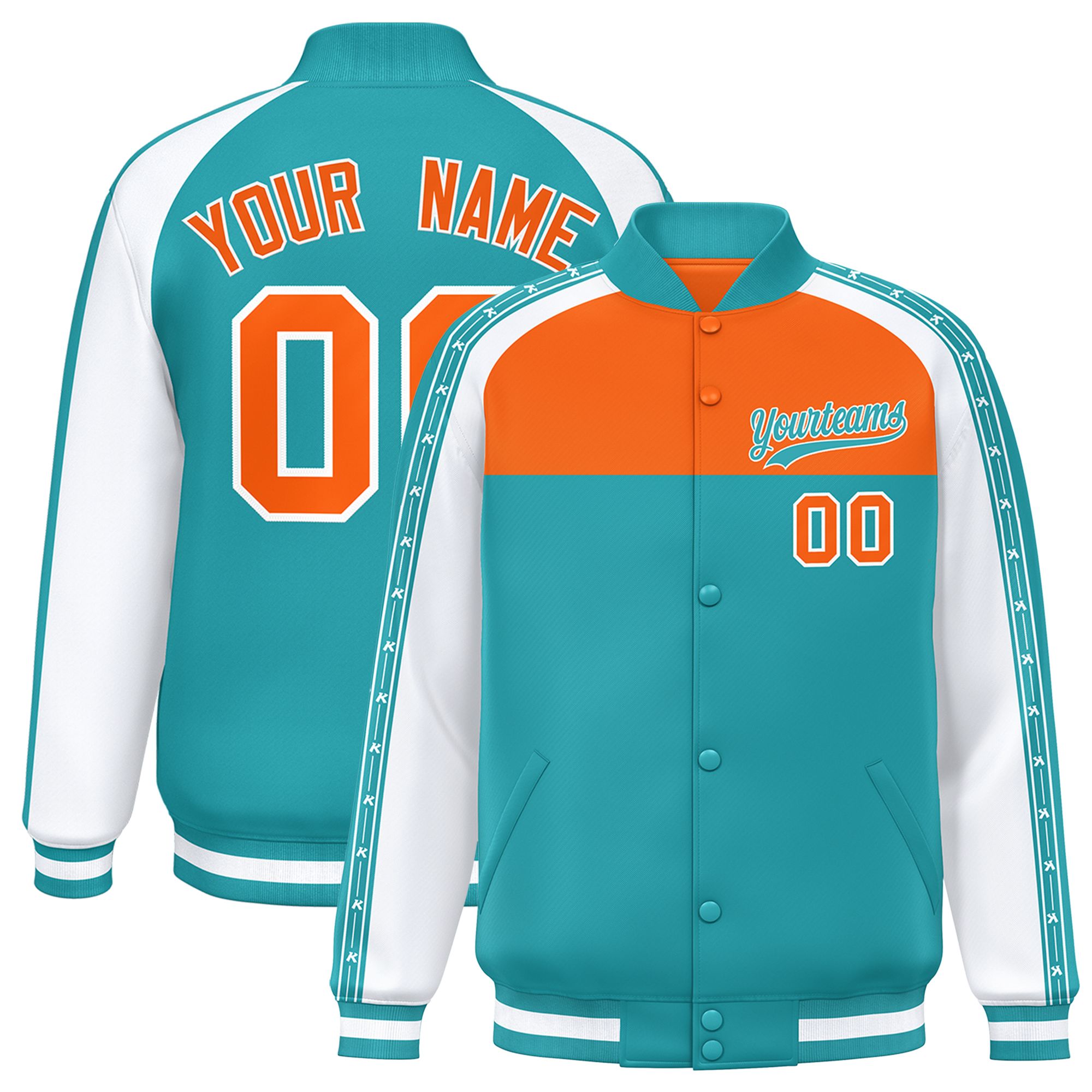 Custom Orange Aqua K-Ribbon Raglan Sleeves Varsity Full-Snap Color Block Letterman Jacket