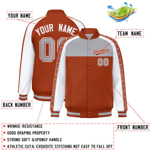 Custom Gray Texas Orange K-Ribbon Raglan Sleeves Varsity Full-Snap Color Block Letterman Jacket