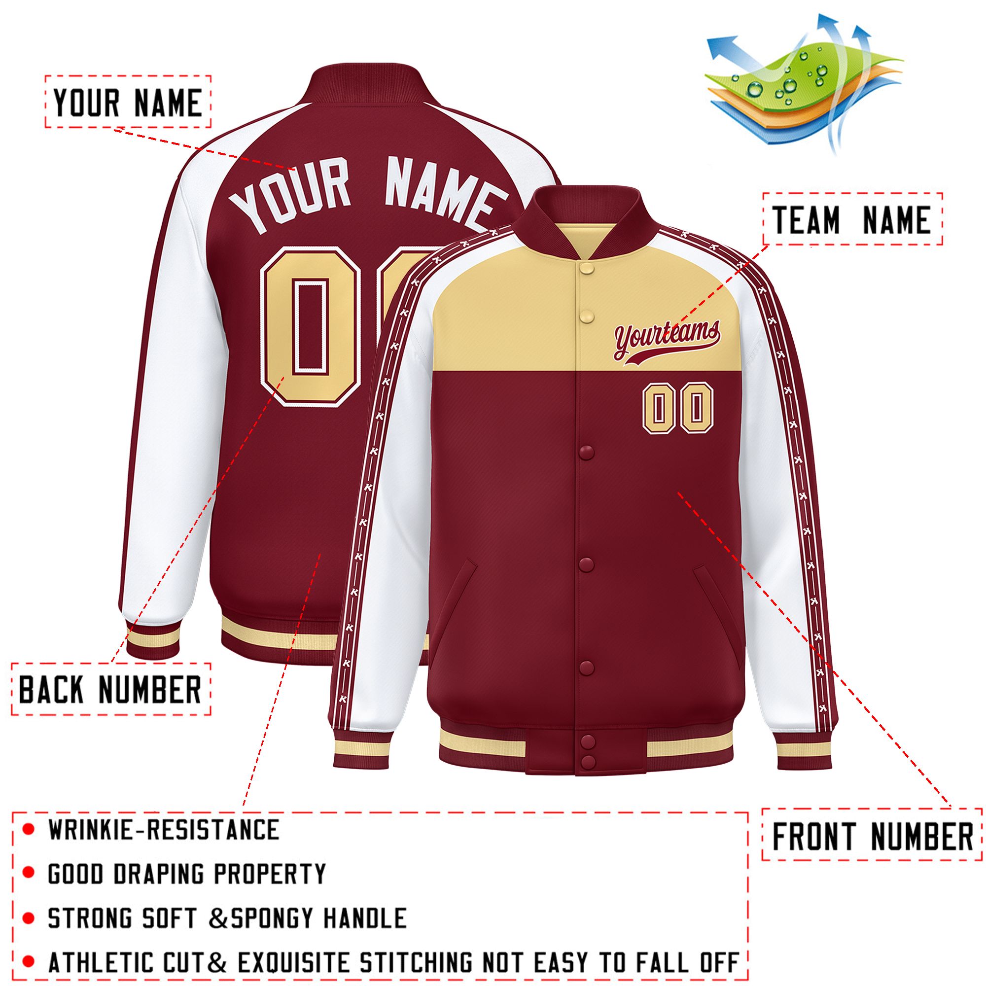 Custom Khaki Crimson K-Ribbon Raglan Sleeves Varsity Full-Snap Color Block Letterman Jacket