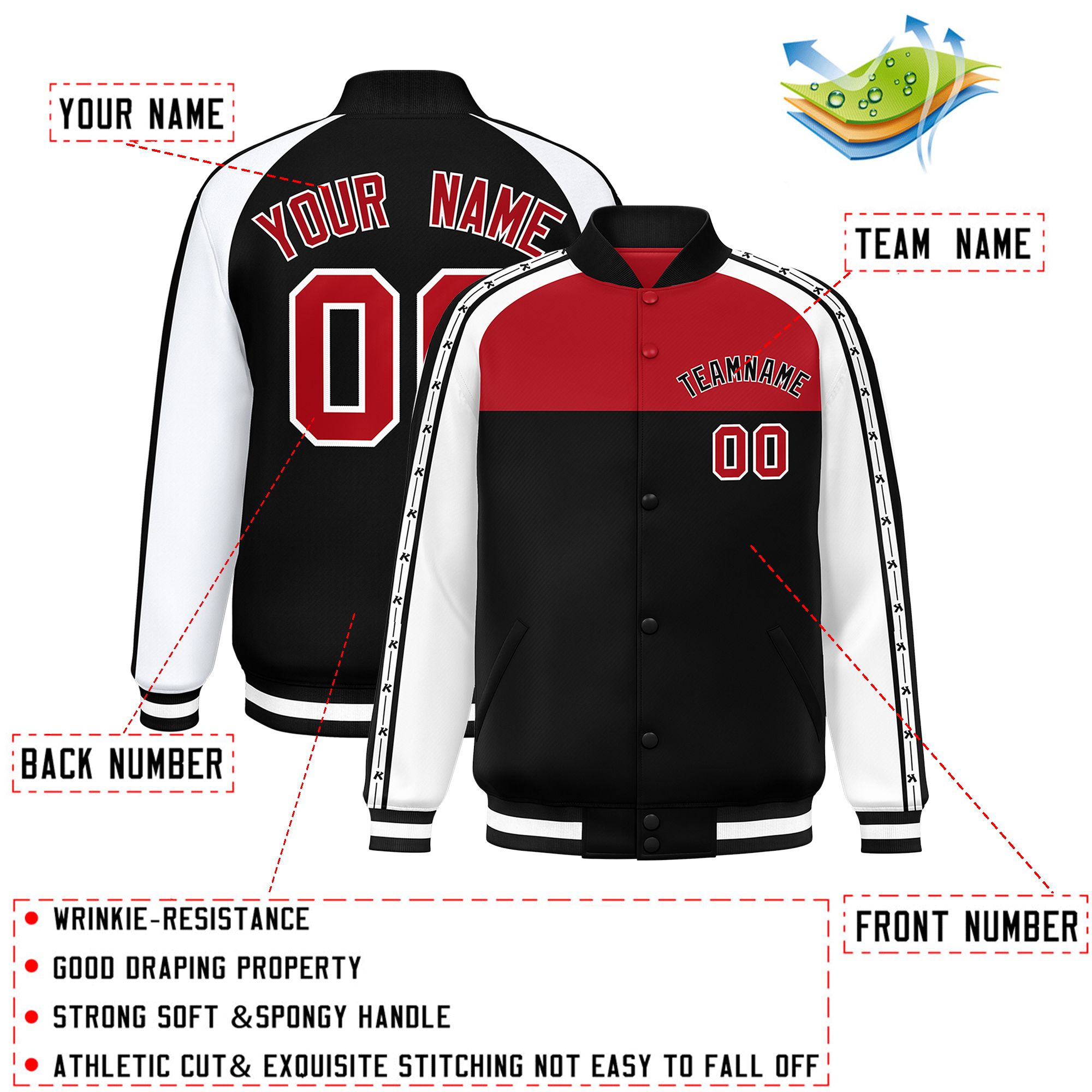 Custom Red Black K-Ribbon Raglan Sleeves Varsity Full-Snap Color Block Letterman Jacket