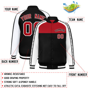 Custom Red Black K-Ribbon Raglan Sleeves Varsity Full-Snap Color Block Letterman Jacket