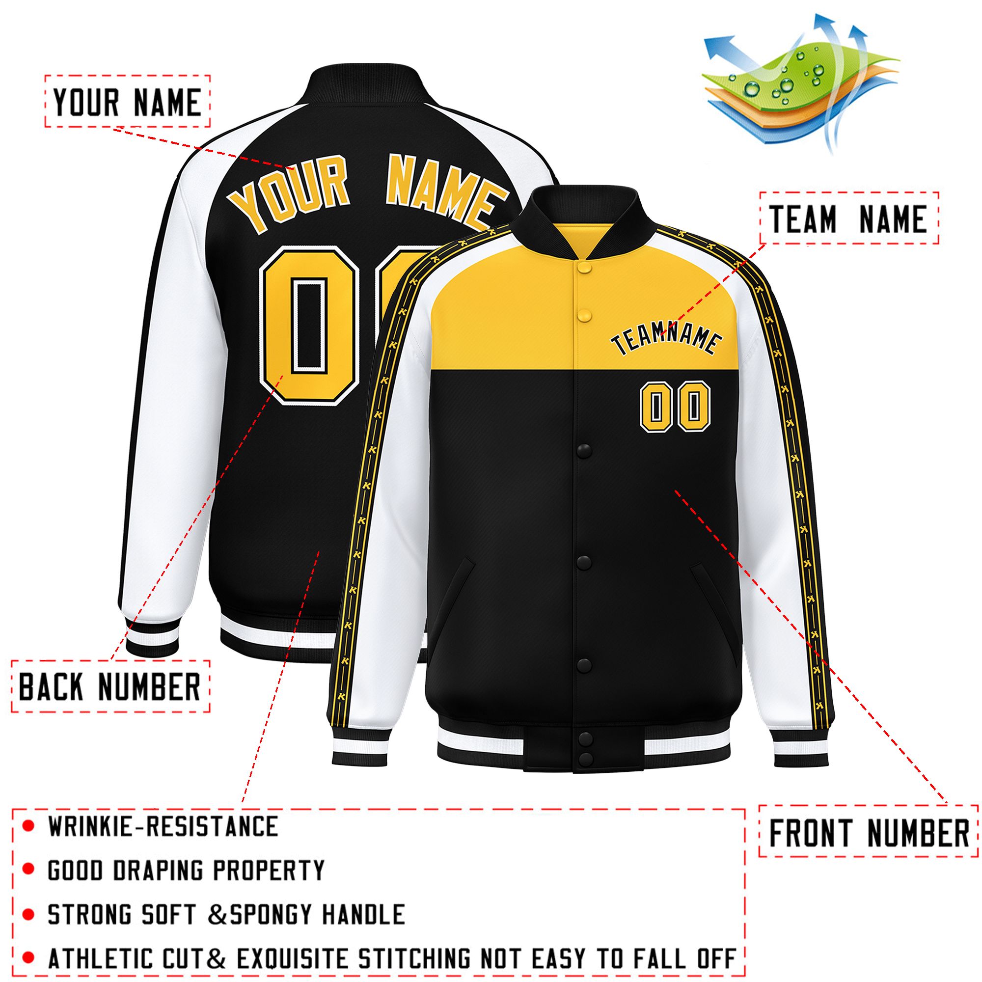 Custom Gold Black K-Ribbon Raglan Sleeves Varsity Full-Snap Color Block Letterman Jacket