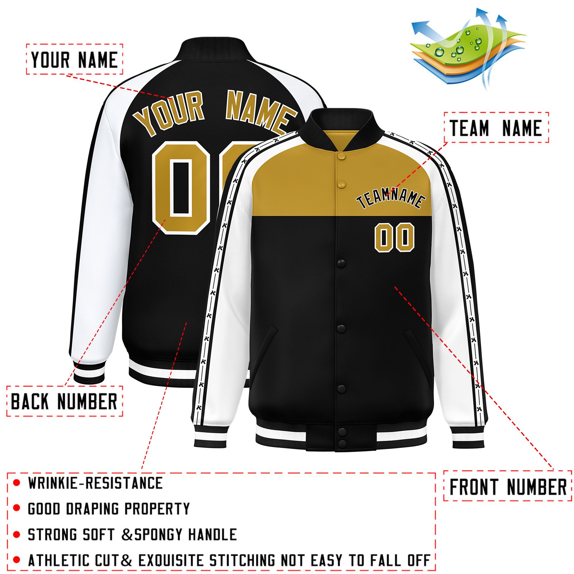 Custom Old Gold Black K-Ribbon Raglan Sleeves Varsity Full-Snap Color Block Letterman Jacket