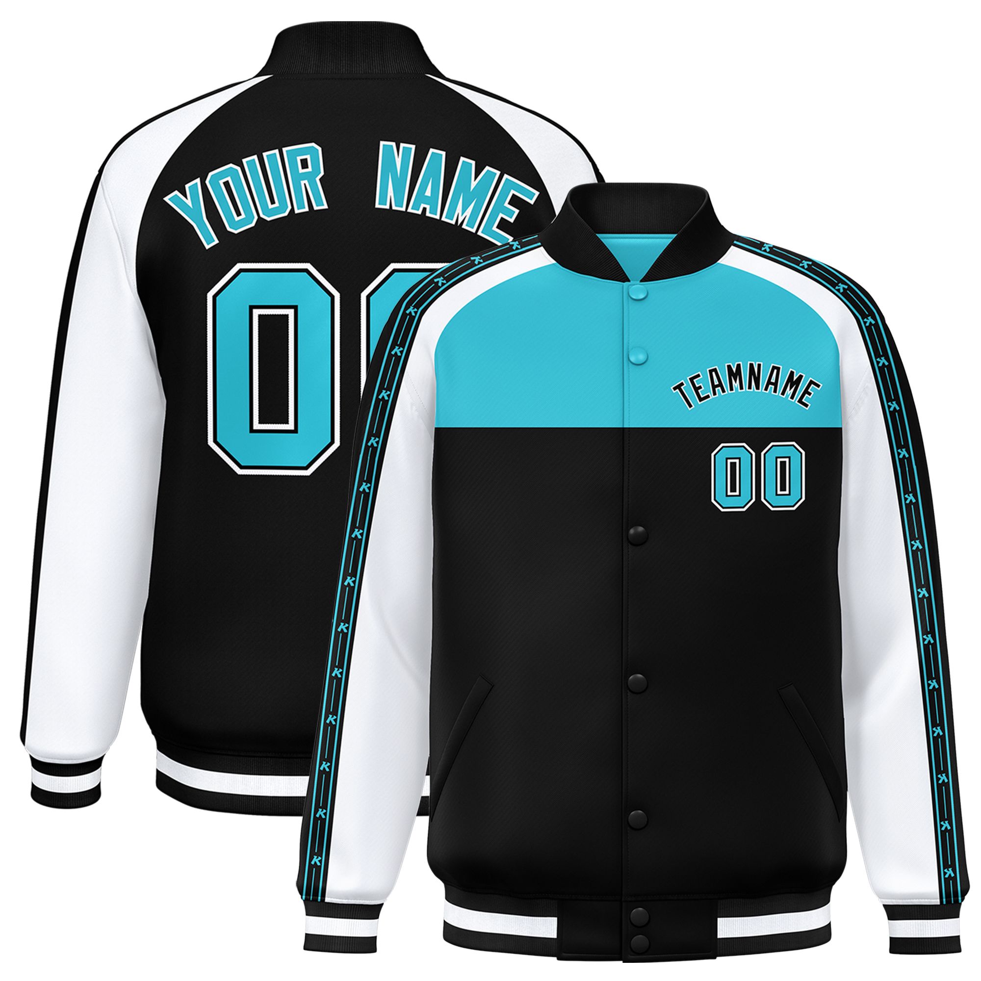 Custom Sky Blue Black K-Ribbon Raglan Sleeves Varsity Full-Snap Color Block Letterman Jacket