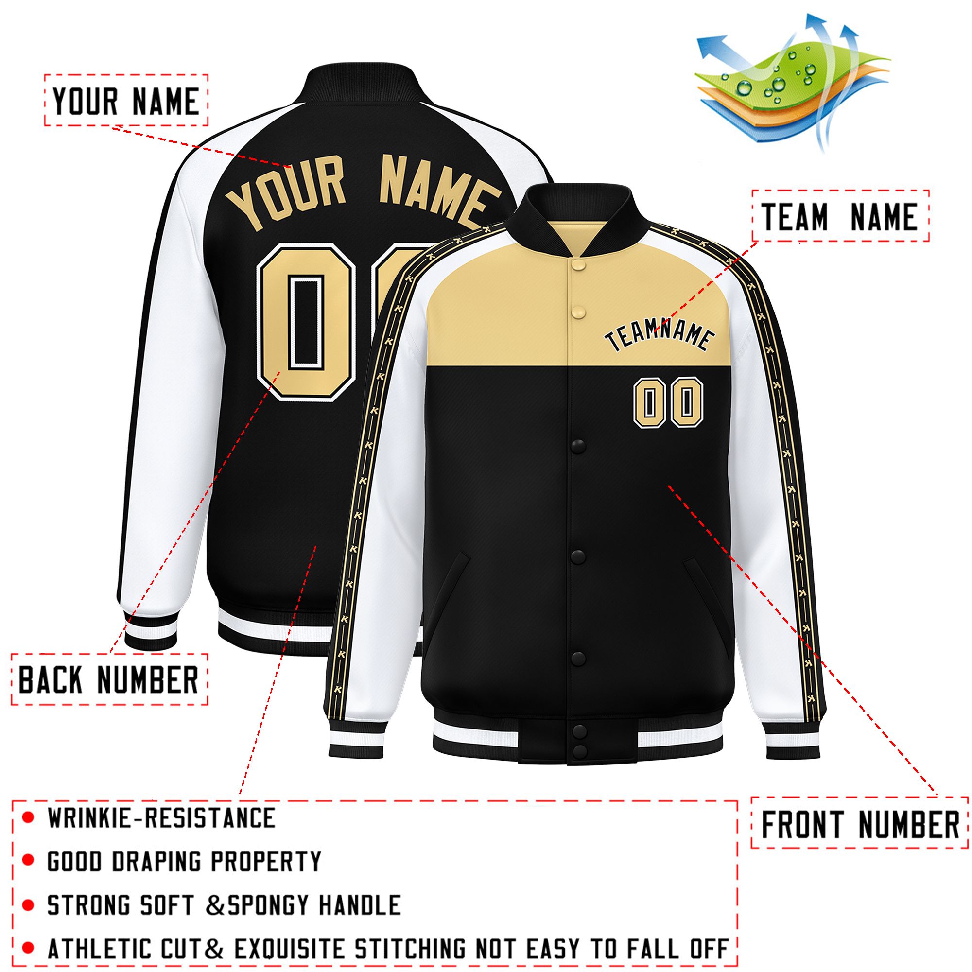 Custom Khaki Black K-Ribbon Raglan Sleeves Varsity Full-Snap Color Block Letterman Jacket