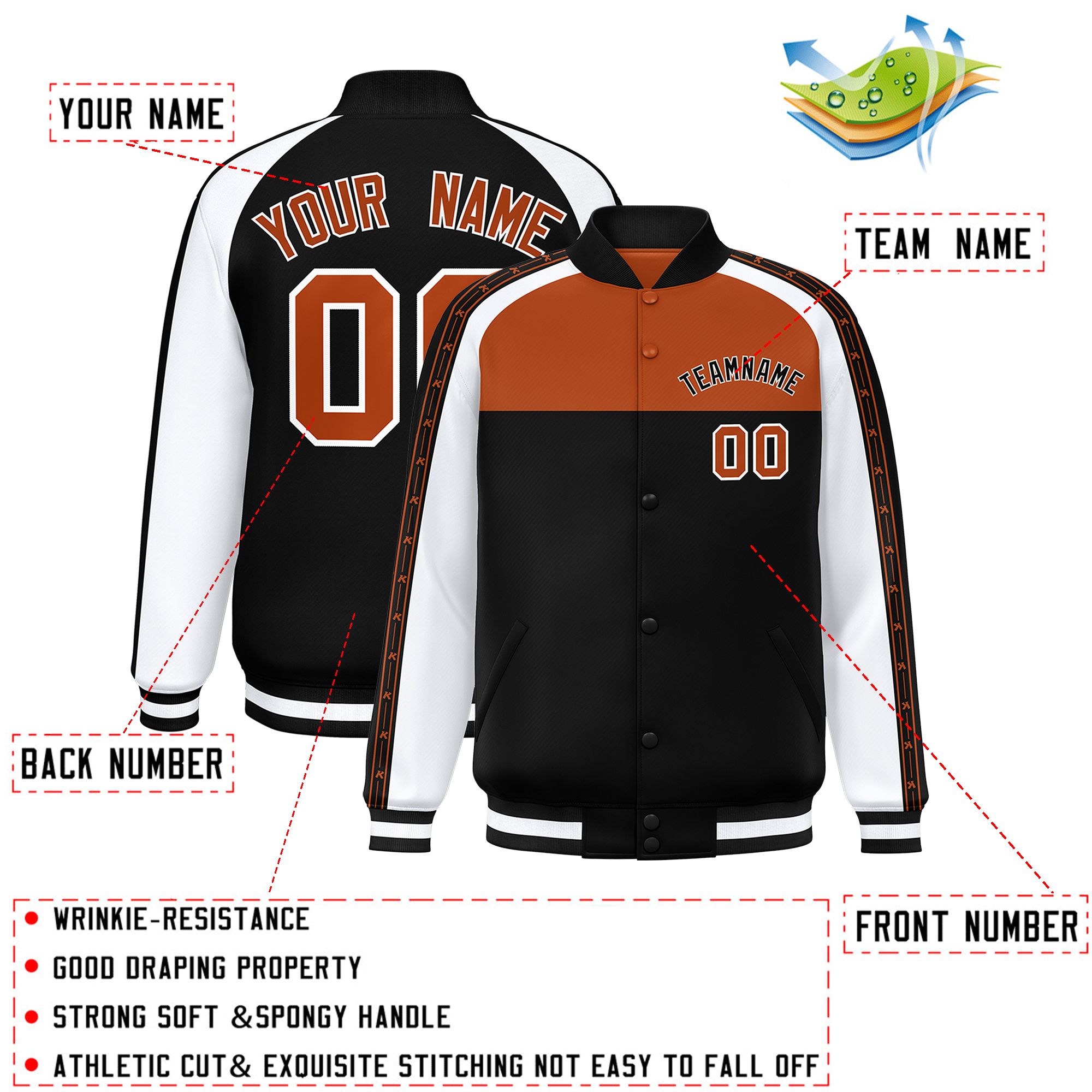 Custom Texas Orange Black K-Ribbon Raglan Sleeves Varsity Full-Snap Color Block Letterman Jacket