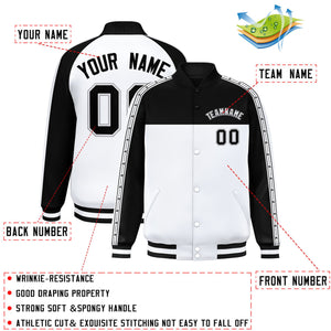 Custom Black White K-Ribbon Raglan Sleeves Varsity Full-Snap Color Block Letterman Jacket