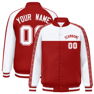 Custom White Red K-Ribbon Raglan Sleeves Varsity Full-Snap Color Block Letterman Jacket