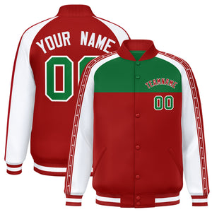 Custom Teal Red K-Ribbon Raglan Sleeves Varsity Full-Snap Color Block Letterman Jacket