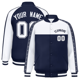 Custom White Navy K-Ribbon Raglan Sleeves Varsity Full-Snap Color Block Letterman Jacket