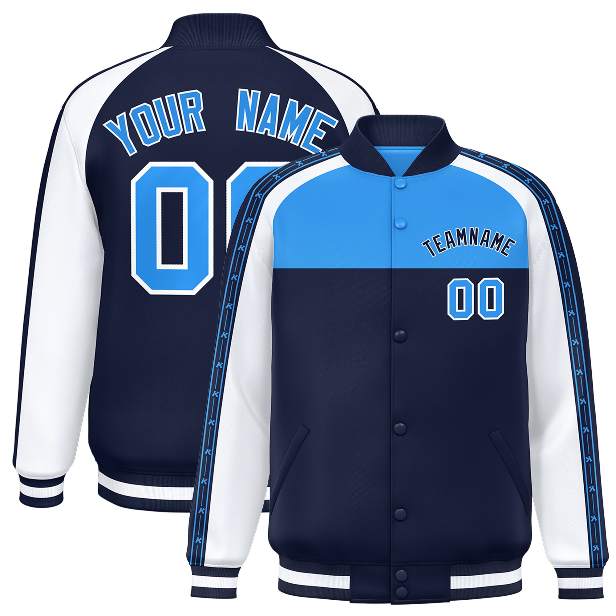 Custom Powder Blue Navy K-Ribbon Raglan Sleeves Varsity Full-Snap Color Block Letterman Jacket