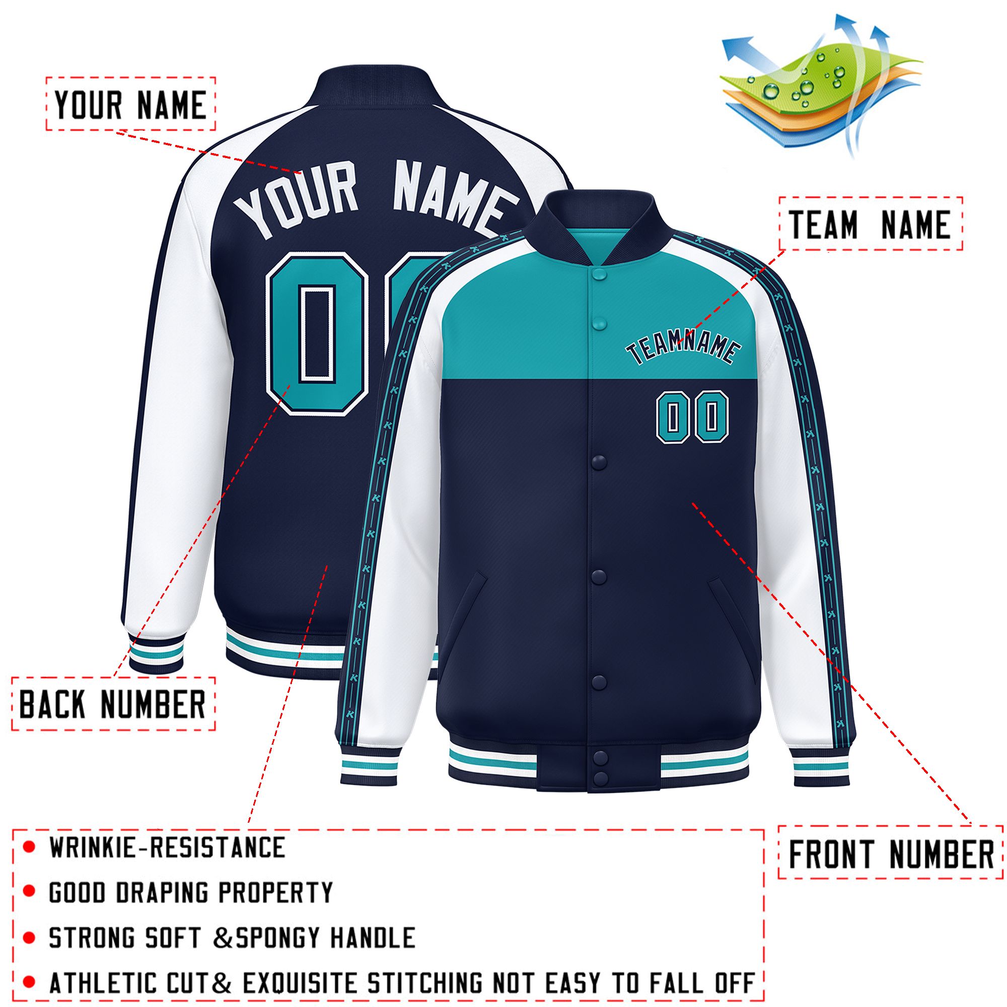 Custom Aqua Navy K-Ribbon Raglan Sleeves Varsity Full-Snap Color Block Letterman Jacket