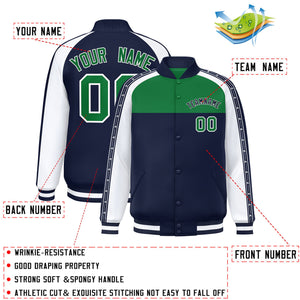 Custom Teal Navy K-Ribbon Raglan Sleeves Varsity Full-Snap Color Block Letterman Jacket