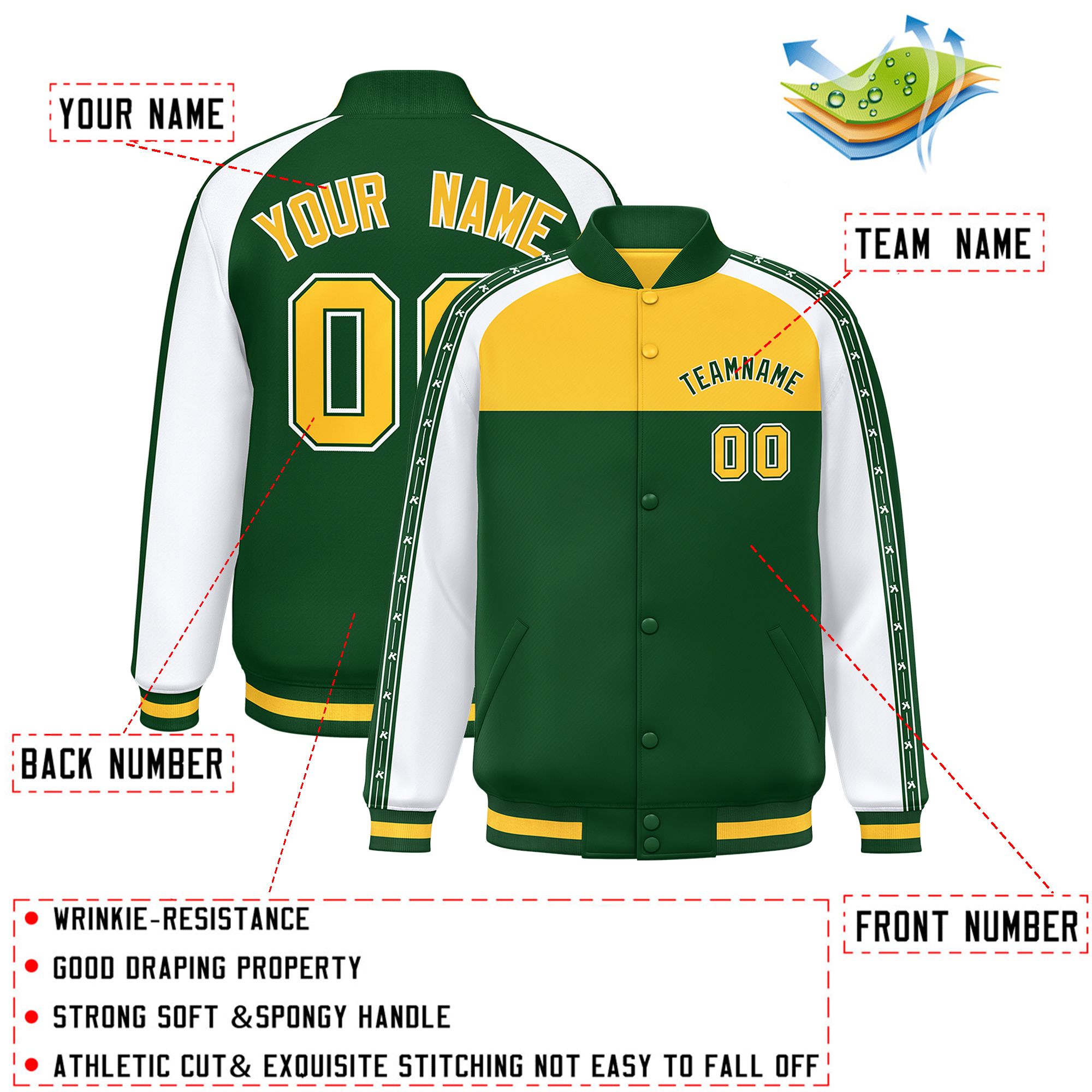 Custom Gold Green K-Ribbon Raglan Sleeves Varsity Full-Snap Color Block Letterman Jacket