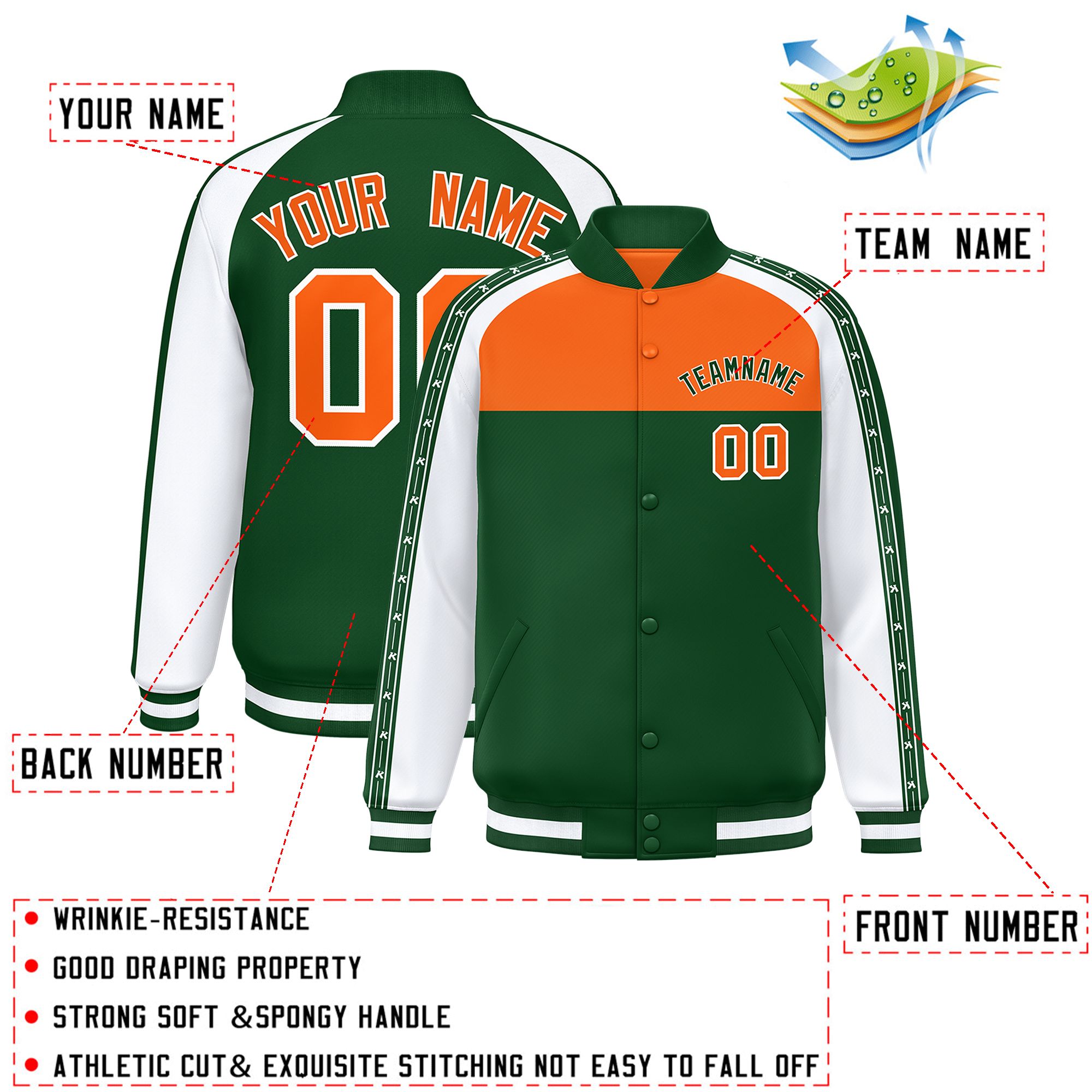 Custom Orange Green K-Ribbon Raglan Sleeves Varsity Full-Snap Color Block Letterman Jacket