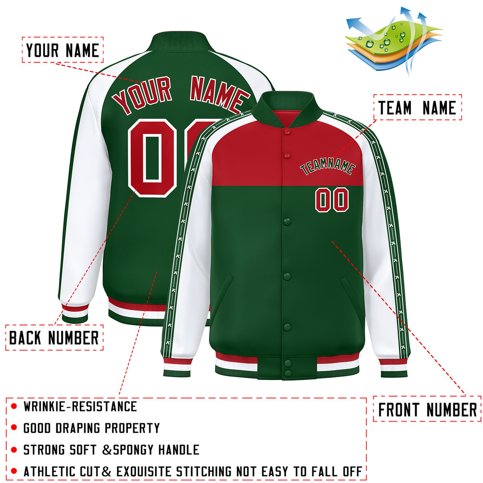 Custom Red Green K-Ribbon Raglan Sleeves Varsity Full-Snap Color Block Letterman Jacket