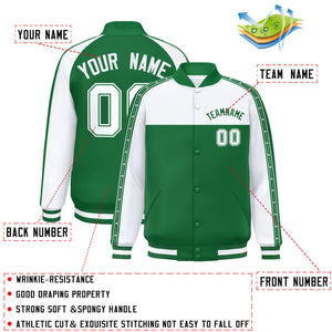 Custom White Teal K-Ribbon Raglan Sleeves Varsity Full-Snap Color Block Letterman Jacket