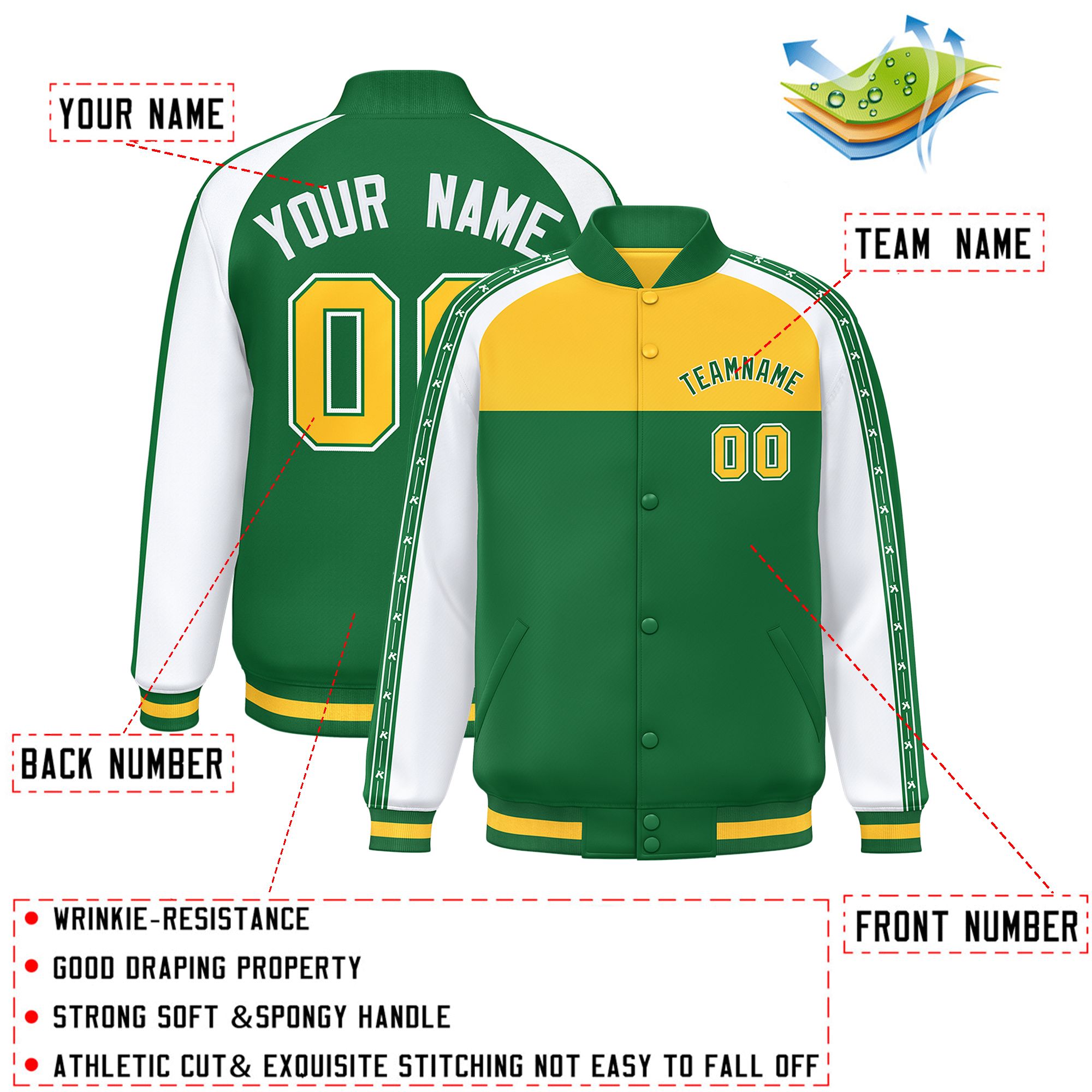 Custom Gold Teal K-Ribbon Raglan Sleeves Varsity Full-Snap Color Block Letterman Jacket