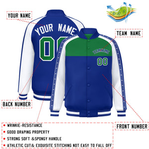 Custom Teal Royal K-Ribbon Raglan Sleeves Varsity Full-Snap Color Block Letterman Jacket