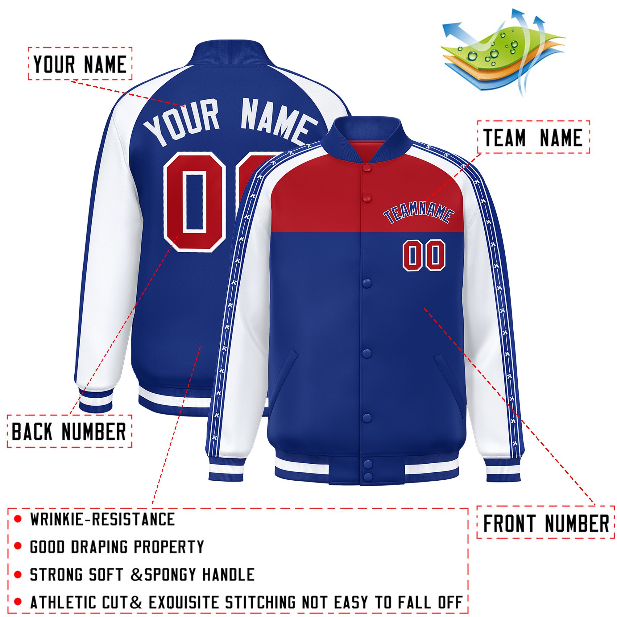 Custom Red Royal K-Ribbon Raglan Sleeves Varsity Full-Snap Color Block Letterman Jacket