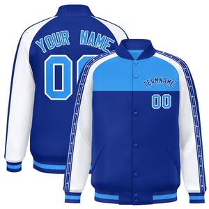 Custom Powder Blue Royal K-Ribbon Raglan Sleeves Varsity Full-Snap Color Block Letterman Jacket