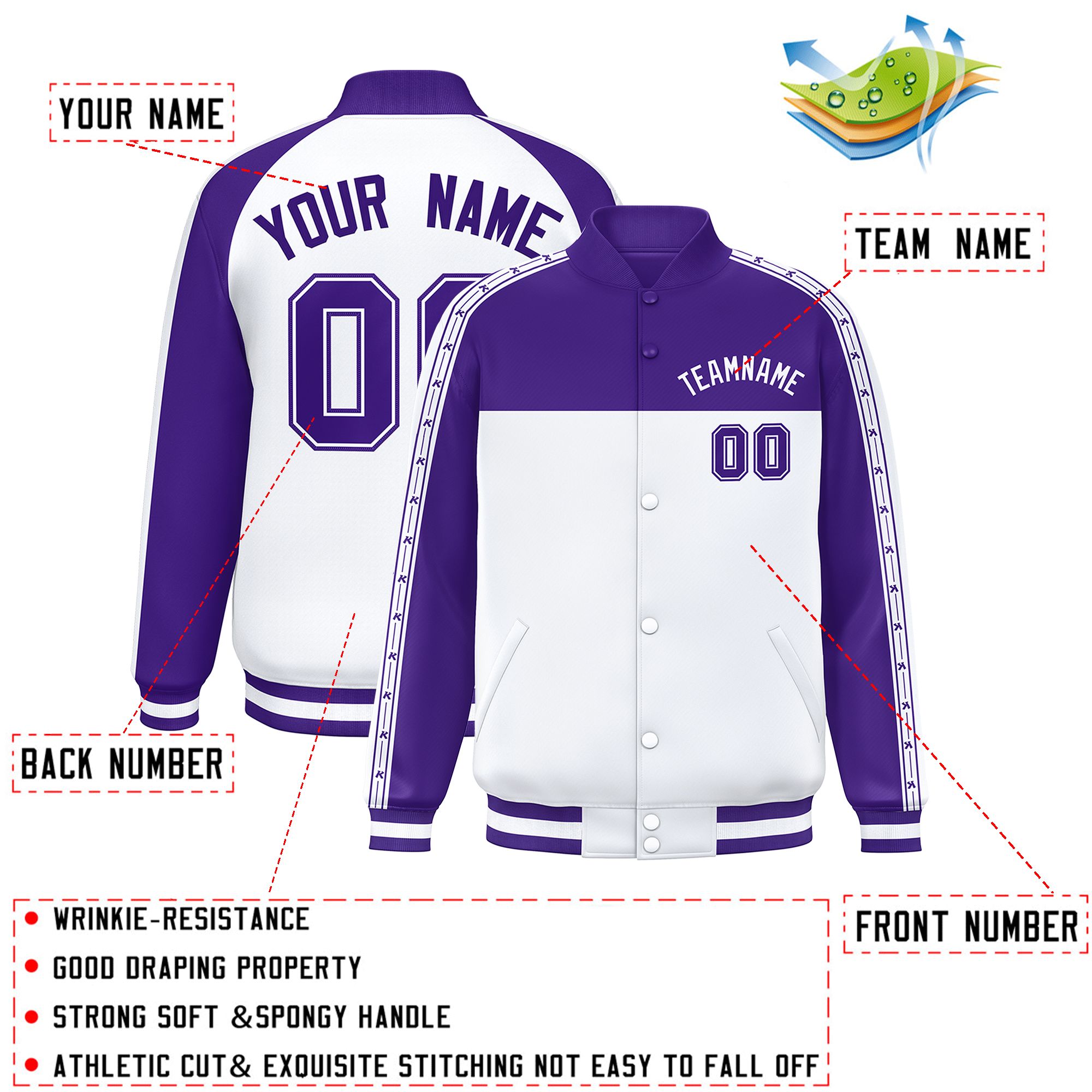 Custom Purple White K-Ribbon Raglan Sleeves Varsity Full-Snap Color Block Letterman Jacket