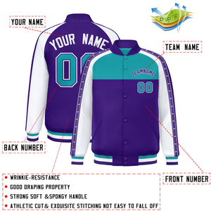 Custom Aqua Purple K-Ribbon Raglan Sleeves Varsity Full-Snap Color Block Letterman Jacket