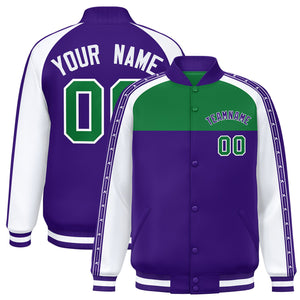 Custom Teal Purple K-Ribbon Raglan Sleeves Varsity Full-Snap Color Block Letterman Jacket