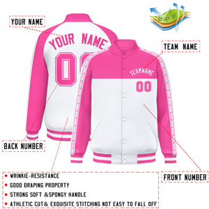 Custom Pink White K-Ribbon Raglan Sleeves Varsity Full-Snap Color Block Letterman Jacket