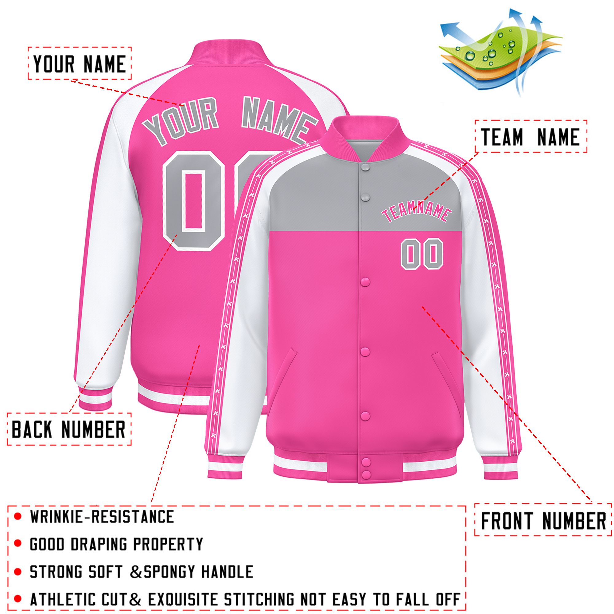 Custom Gray Pink K-Ribbon Raglan Sleeves Varsity Full-Snap Color Block Letterman Jacket