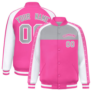 Custom Gray Pink K-Ribbon Raglan Sleeves Varsity Full-Snap Color Block Letterman Jacket