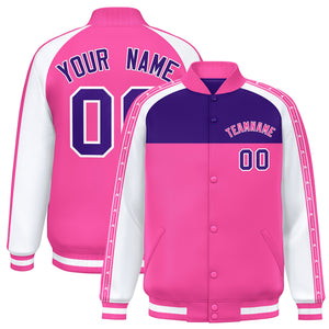 Custom Purple Pink K-Ribbon Raglan Sleeves Varsity Full-Snap Color Block Letterman Jacket