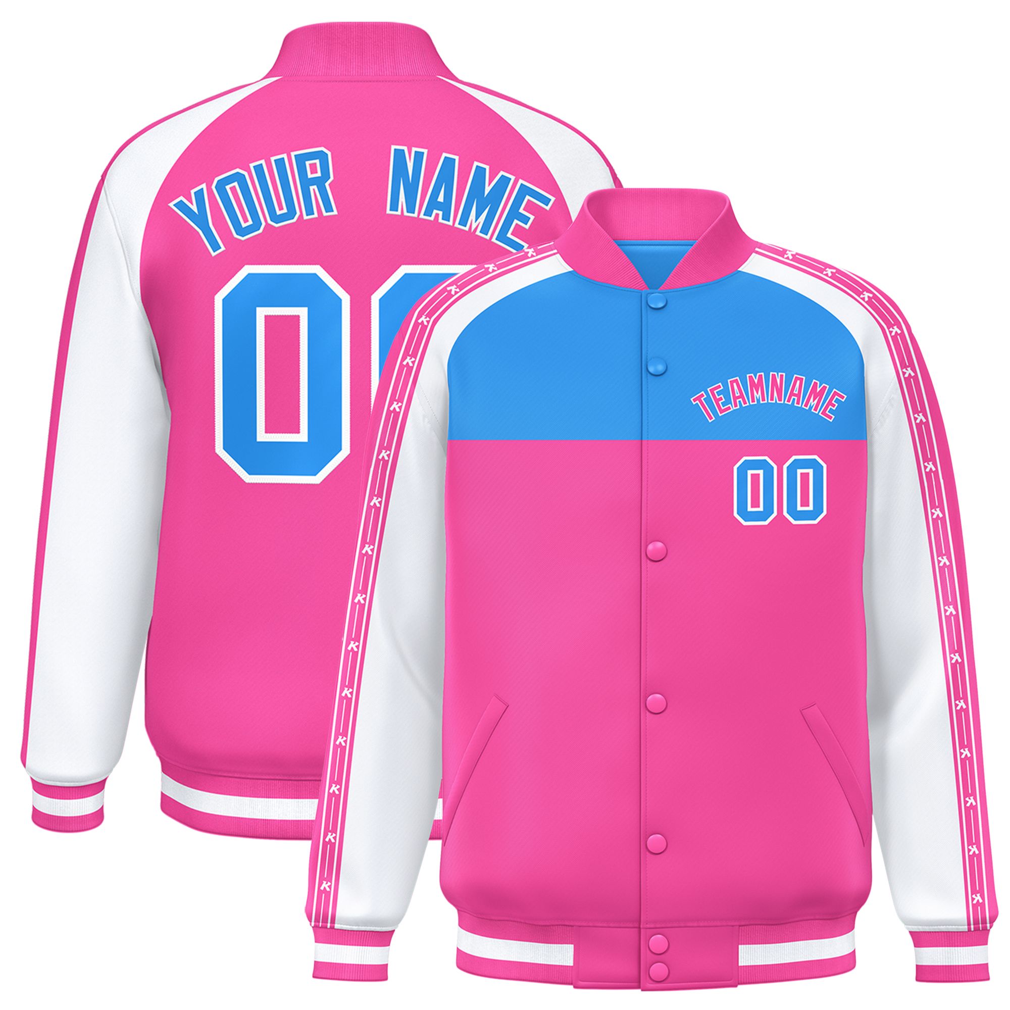 Custom Powder Blue Pink K-Ribbon Raglan Sleeves Varsity Full-Snap Color Block Letterman Jacket