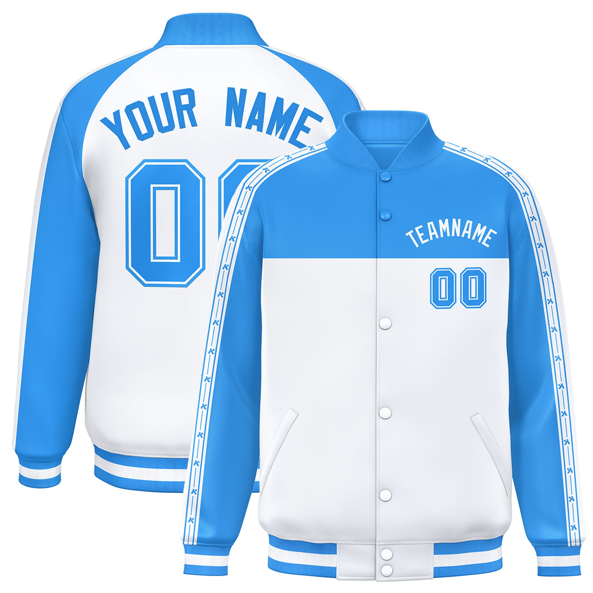 Custom Powder Blue White K-Ribbon Raglan Sleeves Varsity Full-Snap Color Block Letterman Jacket